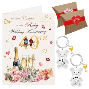 Carte de 40e anniversaire de mariage, carte d'anniversaire de mariage rubis, carte d'anniversaire de 40 ans, porte-cl&eacute;s pour couple (40e) (Manko_DDUP, neuf)