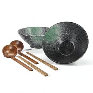 Lot de 2 bols &agrave; ramen en c&eacute;ramique &ndash; Bols &agrave; nouilles en porcelaine pour p&acirc;tes, soupes, salades, collations, c&eacute;r&eacute;ales avec cuill&egrave;res et baguettes, 1000 ml (Voolok, neuf)