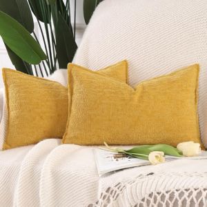 Madizz Lot de 2 Doux Housses de Coussin en Chenille Velours avec Bordure D&eacute;corative pour Canap&eacute; Chambre &agrave; Coucher Salon Jaune Moutarde 40x80 cm (Madizz, neuf)