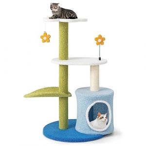 GYMAX Arbre &agrave; Chat en Forme de Fleur avec Boule et Poteau, Perchoir en Peluche, Hauteur 87cm, Arbre &agrave; Chat Multicouche avec Grattoir en Sisal, Centre d'Activit&eacute;s pour Chats,Charge 15kg(Vert+Bleu) (GYMAX EU, neuf)