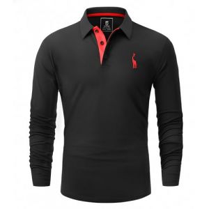 GLESTORE Polo Homme Manches Longues Polos Golf T-Shirt Broderie Girafe Casual Coton Shirt Noir XL (KFLY LOUNER, neuf)