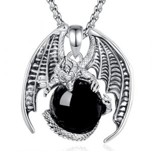 EUDORA Harmony Ball Collier Dragon en Obsidienne pour Homme et Femme, Boule de Cristal de Gu&eacute;rison Amulette &eacute;nerg&eacute;tique en Cuivre Plaqu&eacute; Argent, Pendentif Dragon Bijoux Cadeau, 55,9 cm + 61 cm (EUDORA Harmony Ball, neuf)