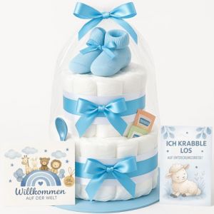 G&acirc;teau de couches pour gar&ccedil;on - 2 &eacute;tages - Bleu - Avec chaussettes de b&eacute;b&eacute; - Cadeaux de naissance pour la m&egrave;re, bapt&ecirc;me ou f&ecirc;te pr&eacute;natale - Id&eacute;e cadeau avec couches nouveau-n&eacute;s - Carte de v&oelig;ux incluse (Homery, neuf)