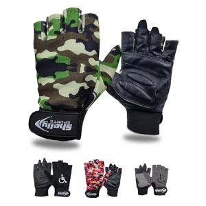 Shelly Gants de fauteuil roulant en cuir v&eacute;ritable avec paume rembourr&eacute;e, respirants, poign&eacute;e antid&eacute;rapante, gants de cyclisme l&eacute;gers (vert camouflage, taille S) (Shelly Sports Ltd, neuf)