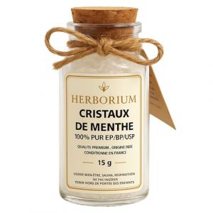 Herborium - Cristaux de Menthe Naturels 100% Purs - Menthol Brut - Pureté Optimale - Inhalation, Sauna, Rhume, DIY Cosmétique - 15 g - Effet Glacial Intense (Gros cristaux) (My DuK, neuf)