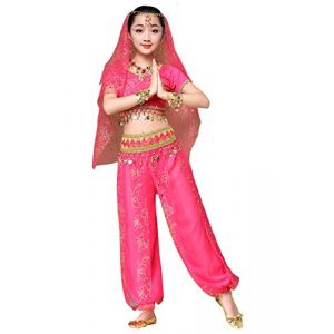 FEOYA Costume Danse Orientale Enfant Tenue Danse Indienne Bollywood Fille Enfant 5 pcs Top+Sarouel+Ornement de Tête+Foulard+Ceinture 3-11 Ans (Rose Rouge, 6-8 Ans) (GAOCHENGEU, neuf)