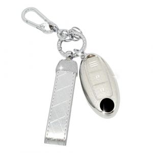 SparkleJoy Coque Clé Voiture TPU avec Un Porte-Clés en Cuir,Etui Clé Étui Clé Compatible avec Nissan Qashqai J11 J12 Juke F15 X Trail T32 Micra K13 K14 Infiniti Q50 QX60 EX35 - Smart Key (Argent) (AutoVeloce Europe, neuf)