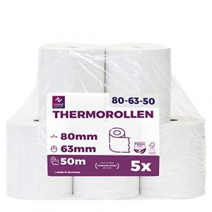 Rouleaux thermiques 80mm x 50m x 12mm – Bobine papier thermique pour caisse enregistreuse avec imprimante de ticket - Rouleau thermique 80x60x12 - Sans BPA (5 Rouleaux) (Naruba Media, neuf)