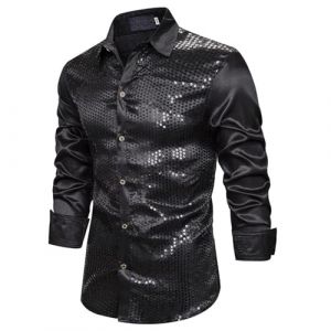 Chemise à Paillettes pour Homme en Satin de Soie Brillante Disco Party Chemise Veste Tops 2025 Nouvelles Chemises Chemise à Paillettes Slim Hauts Classique Chemise Chemise Brillante Manches Longues (Beythetly, neuf)