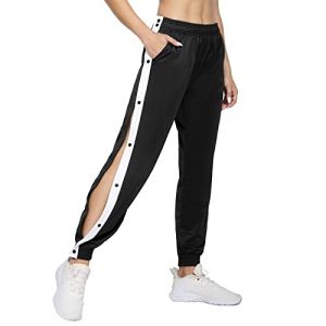 Pantalon de r&eacute;&eacute;ducation pour femme avec ouverture lat&eacute;rale - Confortable pantalon de jogging avec boutonni&egrave;re lat&eacute;rale - &Eacute;lastique &agrave; la taille - Pantalon de sport &agrave; rayures lat&eacute;rales hautes (VISNA, neuf)