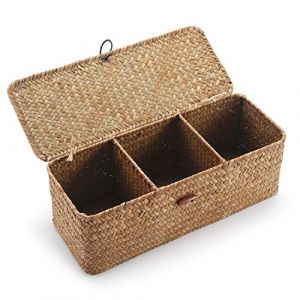 Panier Rangement Jonc de Mer avec Couvercle Rectangulaires Malle en Osier avec Compartiment pour Organiser des Jouets de Collation en Papier Toilette (DOKOT DESIGN CO., LTD, neuf)