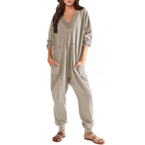 Haibang Combinaison D&eacute;contract&eacute;e &agrave; Manches Longues pour Femme Col en V Romper Loose Fit Lounge Une Pi&egrave;ce Jumpsuit Grande Taille Combinaison Baggy Pyjama Ample (Haibang Store, neuf)