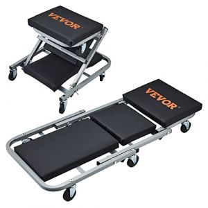 VEVOR Chariot de Visite et Tabouret d’Atelier 2 en 1, Chariot Roulant Pliable pour Mécanicien, Capacité 136 kg, Profil Bas, 6 Roues, pour Garage, Magasin, Réparation Automobile, Allonger ou s'Asseoir (New Clear FR, neuf)