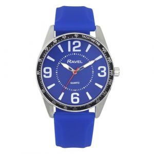 Ravel - Montre Homme Argent&eacute;e &agrave; Gros Chiffres avec Anneau Sup&eacute;rieur Noir sur Bracelet Sport en Silicone - Quartz Analogique - RS001.06 - Bleu (Montres Ravel, neuf)
