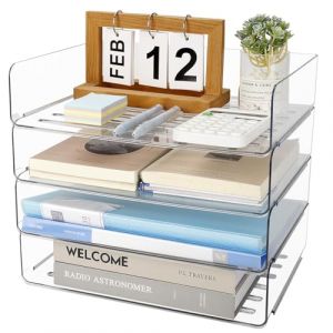 Otauoaea Lot de 4 Corbeille a Courrier Empilable - Bac a Courrier A4 en Plastique Pet Transparente - Rangement Bureau Organisateur - Corbeille Bureau pour Papier Document (Versatile official, neuf)