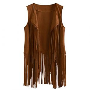 Vestes Femmes sans Manches Automne Hiver Daim Ethnique sans Manches Glands Frangé Gilet Cardigan Outwear Épaissir Chaud Parka Manteau Doudoune Outwear (⭐⭐⭐⭐⭐Susenstone, neuf)