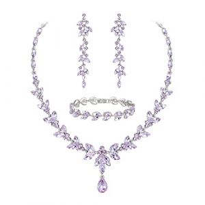 EVER FAITH Parure Bijoux Femme Mariage Mari&eacute;e en Cristal Autrichien &Eacute;l&eacute;gant Collier Boucles d'Oreilles Pendantes et Bracelets 3PCS Ensemble Marquise Avec Feuilles De Strass Violet Clair Ton d'argent (Tenye, neuf)