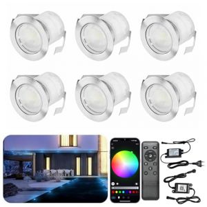 INDARUN Lampe au Sol Spot Encastrable+Wifi contr&ocirc;leur-Lumi&egrave;re RGB DC12V 0.5W &eacute;tanche IP67 &Oslash;30mm-&eacute;clairage pour terrasse, patio, chemin, mur, jardin, d&eacute;coration, int&eacute;rieur et ext&eacute;rieur, 6 pi&egrave;ces (ANWE-EU, neuf)