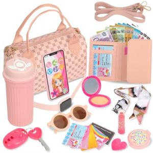 Accessoires de Sac &agrave; Main Petite Fille, 14 pi&egrave;ces Faux Maquillage pour Enfants Con Euros Billets, T&eacute;l&eacute;phone Portable, Portefeuille, Gobelet, Jouets &agrave; Habiller - Cadeau d'anniversaire (DACORNE INDUSTRIE, neuf)