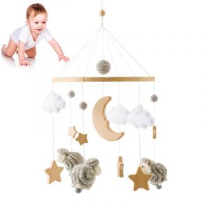 Mobile Lit Bébé, Mouton Cloche de Lit Bébé Mobile Avec Etoiles Lune Nuages, Berceau Bébé Jouet, Boules de Feutre Bébé Lit Pendentif à Suspendre Chambre de Bébé Cloche de Lit pour Fille Garçon (iShang Direct, neuf)