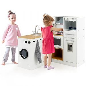 GOPLUS Grande Cuisine Enfant 2 Pi&egrave;ces, Cuisine de Jeu avec Lave-Linge, Machine &agrave; Gla&ccedil;ons, Cuisini&egrave;re, Divers Accessoires, Dinette avec Effets Lumineux et Sonores pour Filles Gar&ccedil;ons 3+ Ans (Blanc) (Augenstern24, neuf)