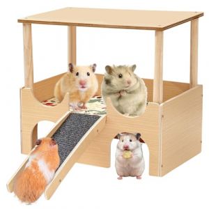 GOMETY Cabane Cochon d'Inde en Bois, Grande Maison Lapin avec Rampe et 3 Entr&eacute;es, Maisonnette pour Rongeurs, Cachette pour Hamsters Nains, Chinchillas et Petits Animaux de Compagnie (KSWZ, neuf)
