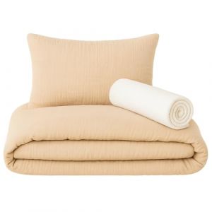 Lovely Hippo Drap Housse 80x160 cm + Housse de Couette (100% Mousseline Coton) 120x170cm + Taie Oreiller (100% Mousseline Coton) 40x60cm - Parure 3Pcs 80x160 cm - Douce et aérée (Beige, 80 x 160 cm) (VRC Products France, neuf)