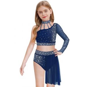 Linjinx Enfant Fille Justaucorps de Gymnastique Robe Danse Classique Lyrique Asym&eacute;trique Robe de Patinage Artistique Paillette et Jupe Tutu Costume Performance 5-16 Ans Bleu marine 9-10 ans (Linjinx, neuf)
