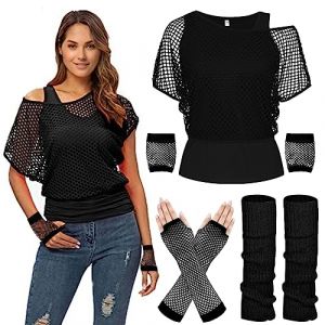 WILDPARTY Déguisement Année 80 90 Femme Fluo T-shirt Resille, Débardeur Jambières Gants en Maille Costume, Kit Annee 80 Femme Accessoires Carnaval Vêtements D'aérobic Fête Thème (AMS-EU, neuf)