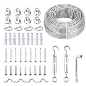 FSHIHINE Kit de c&acirc;ble m&eacute;tallique &agrave; suspendre, c&acirc;ble en acier galvanis&eacute; avec rev&ecirc;tement en vinyle, tendeur &agrave; &oelig;illet pour corde &agrave; linge, fil de jardin, suspension de photo (Fshihine EU, neuf)
