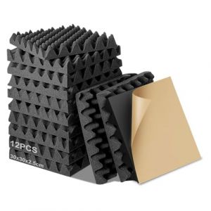 Lot de 12 mousses acoustiques, 30 x 30 x 2,5 cm, isolation acoustique, autocollantes, tapis d'insonorisation, mur pyramide, absorbeur acoustique, pour la maison, le studio et le bureau, noir (BOJIEDIANZI, neuf)