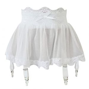 Mini Jupe Courte Sexy pute Transparent,Mini Jupe Porte-Jarretelles Sexy avec Culotte, Porte-Jarretelles Lingerie Mini Robe Transparente Malla avec 4 Clips, 2 Pi&egrave;ces Minijupe Taille Haute (White, L) (XNme SW, neuf)