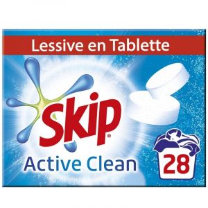 SKIP - Lessive Tablettes Active Clean 28 Lavages - Nettoyage puissant et facile - Pour un linge impeccable et frais - Format économique 28 doses. - Lot De 2 - Vendu Par Lot (Marché Parisien, neuf)