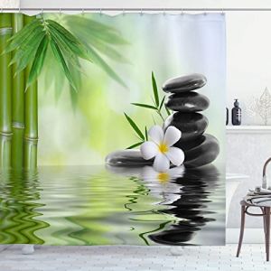 OCEUMACO Rideau de Douche 3D Motif Chic Zen Galet Anti Moisissure Rideaux Baignoire Imprimé Orchidee Bambou Grand Polyester Tissu Imperméable 240x200 cm Lavable Machine avec Anneaux - Vert 1 (Oceum, neuf)