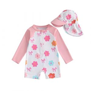 HodJIU Maillot de Bain Bébé Fille Anti-UV Combinaison Natation Piscine à Manches Longues + Chapeau de Bain Ensemble Swimwear Nouveau-né (Rose Floral Nœud, 3-6 Months) (Haikouxunchuanhandianzishangwuyouxiangongsi, neuf)