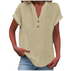 2025 Chemise Lin Femme Coton Et Lin Chemisier élégant à col en V Femme Manches Courtes Henley Chemisier Couleur Uni Tee Shirt été Haut Top Respirant T-Shirts Grande Taille Tunique Blouse Pas Cher (GMGM  (Économisez 50% sur 1 des 2 articles), neuf)
