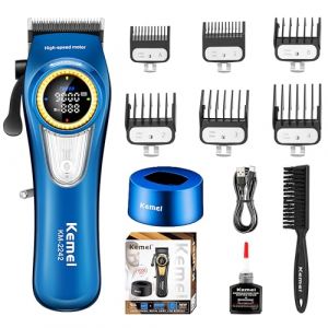 KEMEI Tondeuse &agrave; cheveux professionnelle pour hommes, 4500 mAh, avec &eacute;cran LED et base de chargement, sans fil, moteur sans balais 9000 tr/min, bleu (Kemei Professional Clippers, neuf)