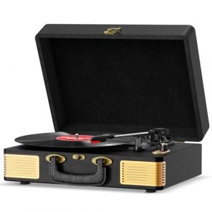 FYDEE Platine Vinyles, Tourne Disque Bluetooth Portable Vintage en Cuir avec 3 Vitesses (33/45/78 RPM), 2 Haut-Parleurs Int&eacute;gr&eacute;s, Entr&eacute;e RCA, Fonction d'Arr&ecirc;t Automatique, Noir Profond (LEWISZ, neuf)