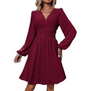 UUAISSO Robe Décontractée Femmes à Manches Longues Taille Haute Ligne A Robe Portefeuille à Col en V Robe Mi Longue Pois Suisse Rouge vin L (XXIE, neuf)