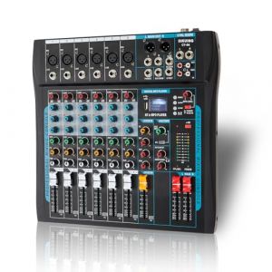 SIKUING Table de mixage audio 6 canaux, table de mixage DJ professionnelle avec 16 effets DSP, interface audio USB/BT et alimentation fantôme 48 V, stéréo pour enregistrement PC, scène, karaoké Studio (enpingshimeizhishengdianzikejiyouxiangongsi, neuf)