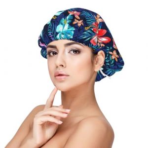 SHuWeiD Bonnet de nuit en satin imprim&eacute; floral bleu pour adulte, bonnet de nuit unisexe en satin, bonnet de nuit de 33 cm, noir, taille unique (Shaoshuwei002, neuf)