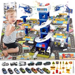RoserRose Garage Voiture Enfants, Circuit Voiture Enfant, Parking à 5 Étages avec 14 Voitures 2 Hélicoptères, Ascenseur, Lumière, Son et Grande Carte, Cadeaux pour Enfants 3 4 5 6 7 8 Ans (Police) (Roserrose, neuf)