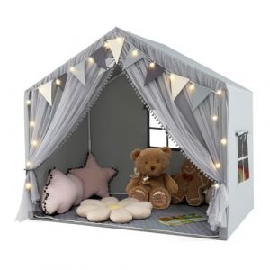 COSTWAY Tente de Jeux Enfant avec Rideaux en Tissu & Moustiquaire, Cabane Enfant Int&eacute;rieure avec Guirlandes Lumineuses &Eacute;toiles & Fanions &agrave; Carreaux, Tapis Lavable, Maison de Jeux pour 3 Ans+ (Gris) (FDS GmbH, neuf)