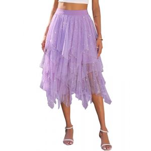 Lovasy Jupe Tulle Femme Paillette Robe Longue Tutu Irr&eacute;gulier Superpos&eacute;e Jupes Pliss&eacute;e A-Line &Eacute;lastique Taille Jupe Tutu Midi Noir Rose pour Carnaval Halloween Daily Prom Party Th&eacute;,A-Violet,S/M (Lovasy Direct, neuf)