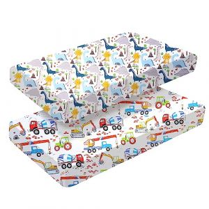 Lot de 2 draps-housses pour berceau 140 x 70 cm pour fille et garçon | Draps de lit pour bébé | Facile d'entretien en coton doux et durable, motif voiture unique et dinosaure (BabyAmabc, neuf)