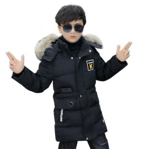 linboo Manteau Enfant Gar&ccedil;on Doudoune Doublure Polaire Chaud Veste d'Hiver &agrave; Capuche Fourrure Blouson Matelass&eacute; Epais Parka, Noir, 13-14 ans (TBONBON-EU, neuf)
