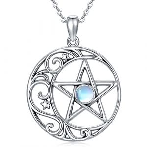 URONE Pentagramme Croissant de Lune Collier en Argent Sterling Pentacle Pierre de Lune Pendentif Wicca Bijoux Cadeaux pour Femmes Filles (URONE Silver Jewellery, neuf)