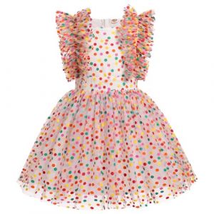 FYMNSI Robe de princesse pour fille - Robe de fête de mariage - Robe d'été - Robe de fille - Robe en tulle à volants - Robe d'anniversaire, Multicolore à pois, 7-8 ans (FYMNSI store, neuf)