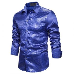 Chemise à Paillettes pour Homme en Satin de Soie Brillante Disco Party Chemise Veste Tops 2025 Nouvelles Chemises Chemise à Paillettes Slim Hauts Classique Chemise Chemise Brillante Manches Longues (Beythetly, neuf)