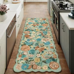 HUGEAR Vert Tapis de Couloir 60x240cm Fleur Passage Lavable en Machine Antidérapant Boheme Naturel Floral Long Carpet Cuisine Descente de Lit Doux Poil Ras Rug (RONGBEN, neuf)